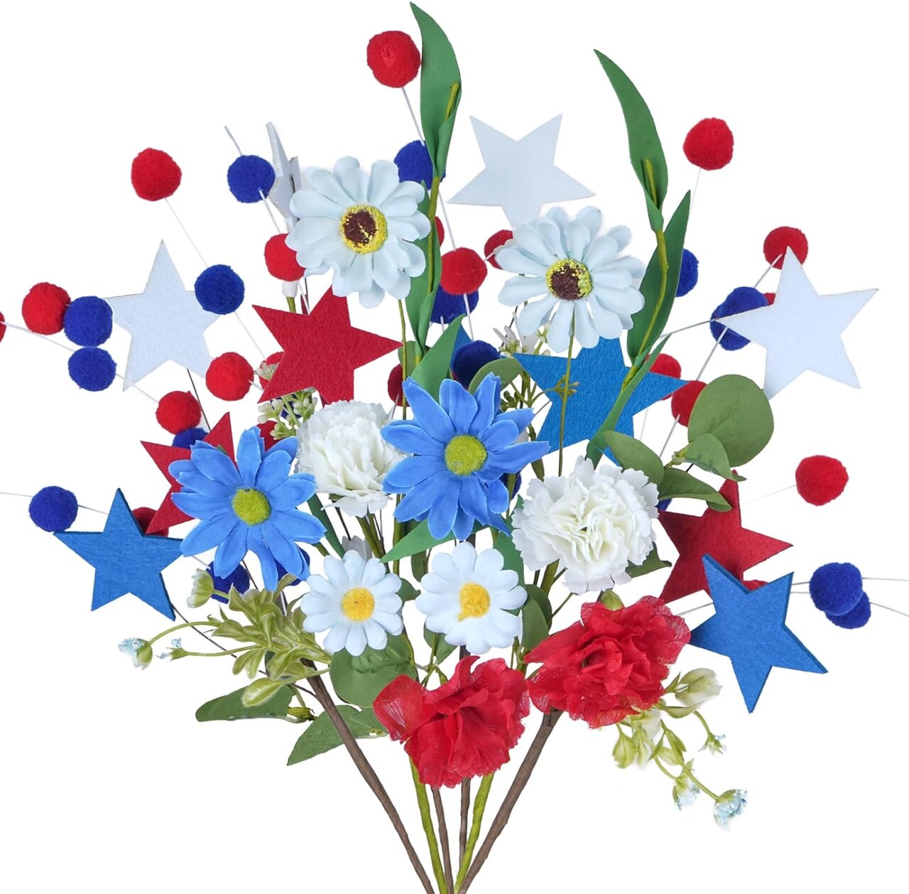 6Pcs Patriotic Artificial Flowers, 19.7" Red White Blue Silk Flowers for July 4th Decorations, Independence Day Party Indoor Living Room Kitchen Table Centerpieces (Vase Not Included)